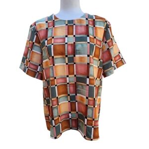 Vintage 80s Abstract Colorblock Blouse Large Mod Art Retro Top